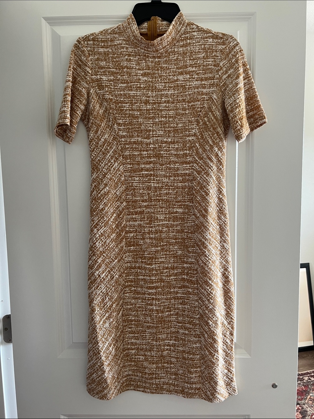Women’s Short-Sleeve Knit Mock Neck Dress in mustard & crème